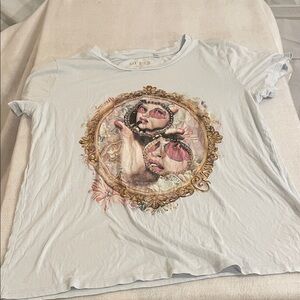 Guess Light Blue Tee with Gold Frame and Pink Sunglass Graphic